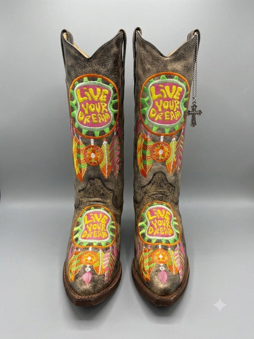 Tanner Mark gypsy Embroidered "Live YourDream" Brown Leather Cowboy Boots